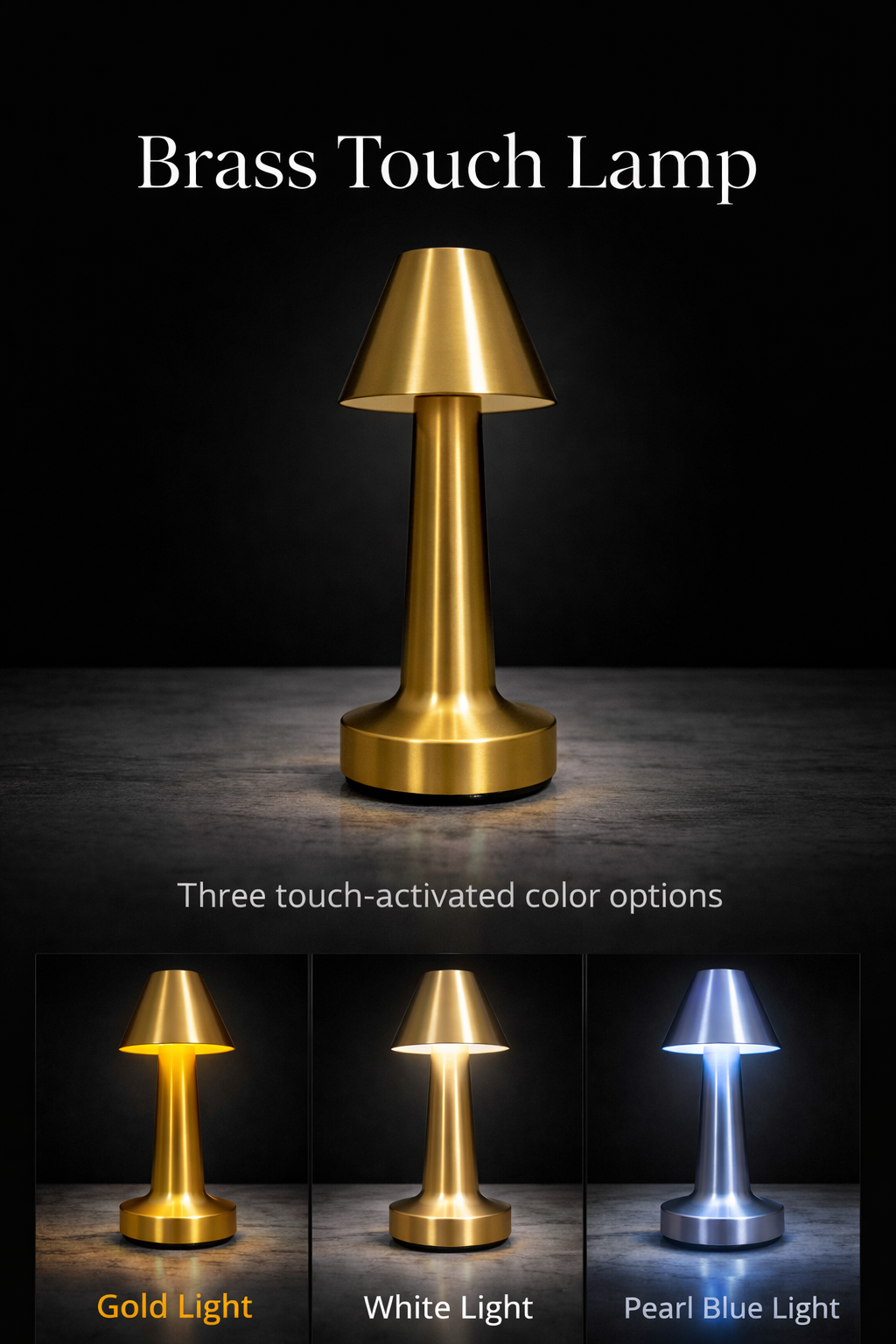 Luxury Touch Control LED Table Brass Rechargeable Lamp – 3 Color Modes