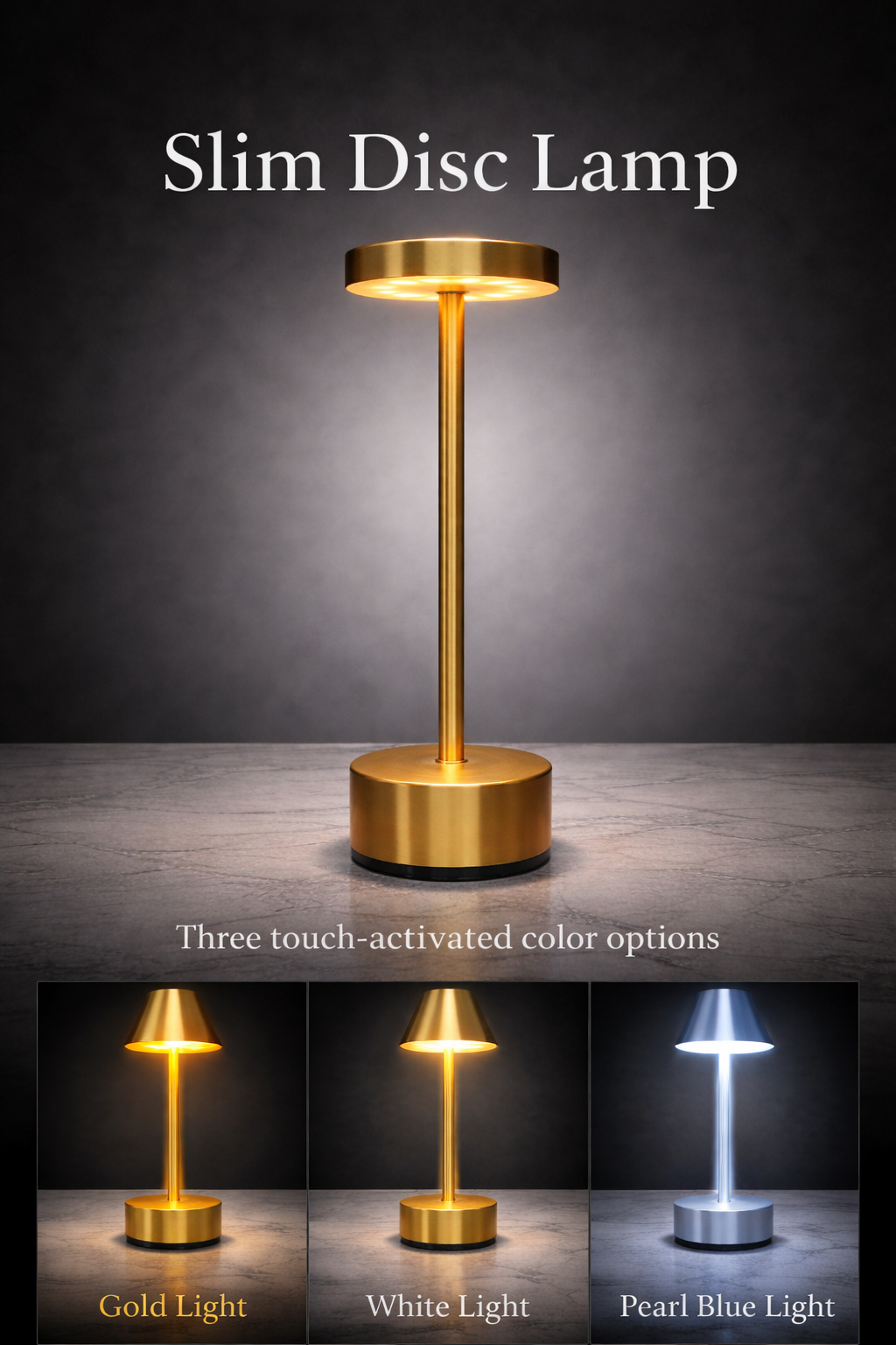 Luxury Touch Control LED Table Halo Slim Disc Rechargeable Lamp – 3 Color Modes