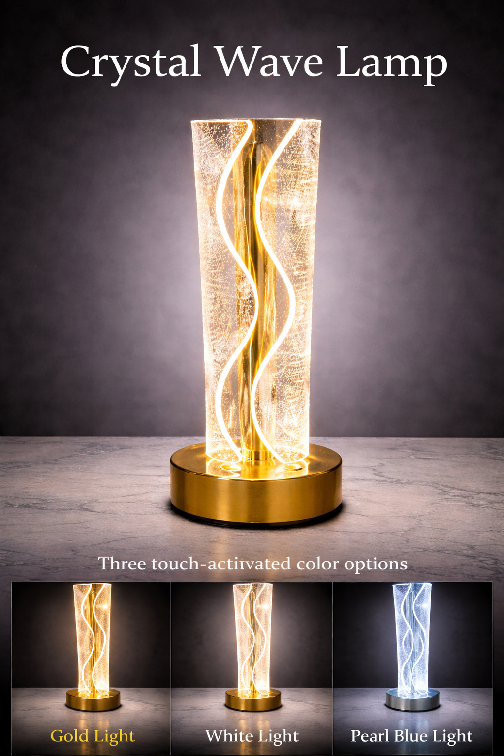 Luxury Touch Control LED Crystal Wave Rechargeable Lamp – 3 Color Modes