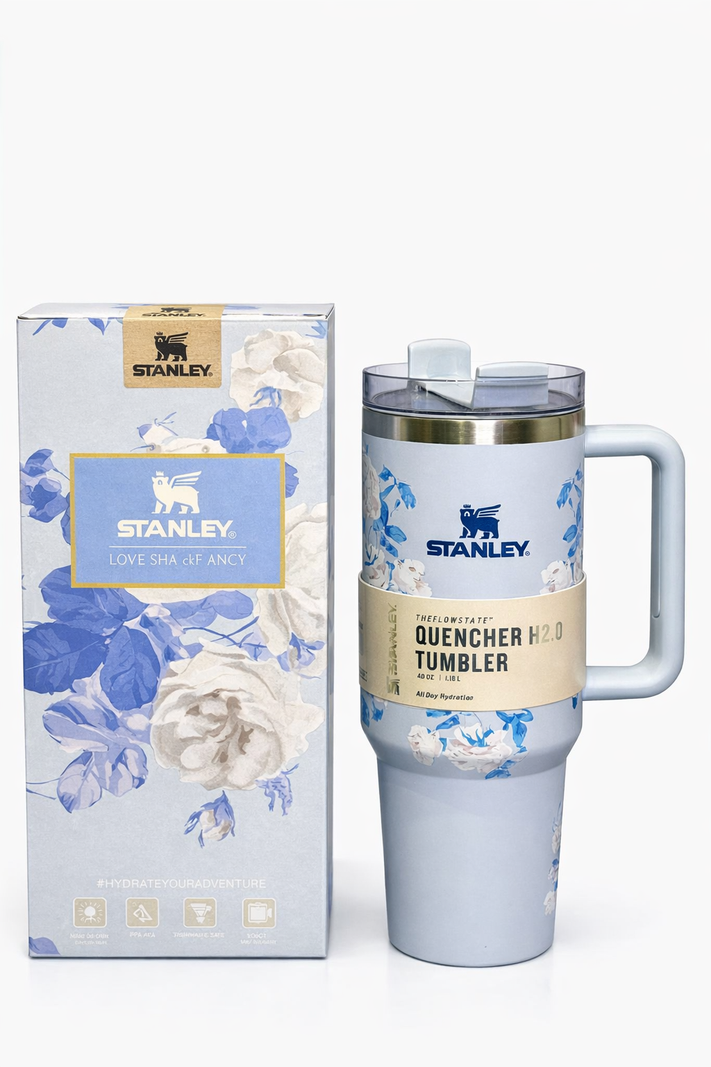 Floral Blue Stanley Quencher H2.0 40 OZ – Stylish Hydration Companion Tumbler